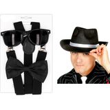 Carnaval verkleed set compleet - gangster/maffia hoedje/bretels/bril/strikje - zwart - heren - verkleedkleding