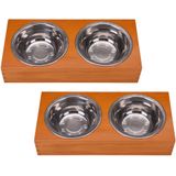 2x Set van voeder en drinkbakken in houten houder voor huisdieren - Voerbakjes - Waterbakjes