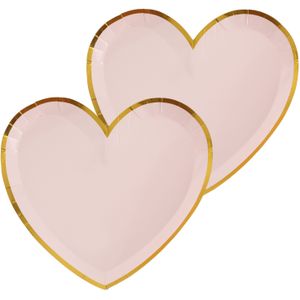 Santex feest wegwerpbordjes - hartje - 20x stuks - 23 cm - roze/goud