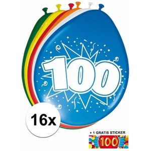 Ballonnen 100 jaar van 30 cm 16 stuks + gratis sticker