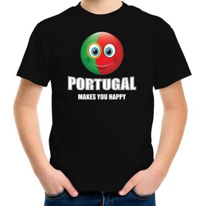Portugal makes you happy landen t-shirt met emoticon - zwart - kinderen - Portugal landen shirt met Portugese vlag - EK / WK / Olympische spelen outfit / kleding