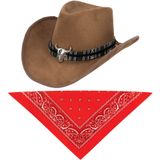 Carnaval verkleedset luxe model cowboyhoed Rodeo - bruin - en rode hals zakdoek - voor volwassenen