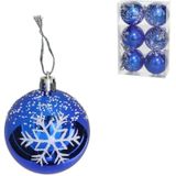 Gerimport gedecoreerde kerstballen - 6x - 6 cm - kunststof -blauw