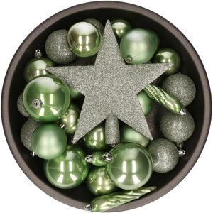 33x stuks kunststof kerstballen met piek 5-6-8 cm salie groen incl. haakjes - Kerstversiering