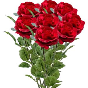 Emerald Kunstbloemen boeket roos Marleen - 8x - rood - 63 cm - decoratie bloemen