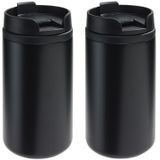 2x Thermosbekers/warmhoudbekers metallic zwart 290 ml - Thermo koffie/thee isoleerbekers dubbelwandig met schroefdop