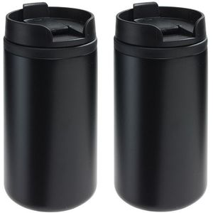 2x Thermosbekers/warmhoudbekers metallic zwart 290 ml - Thermo koffie/thee isoleerbekers dubbelwandig met schroefdop