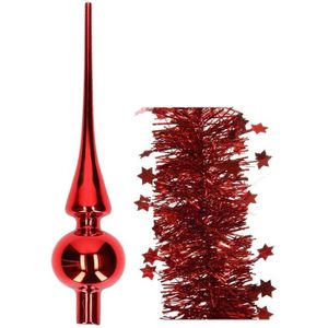 Kerstversiering glazen piek glans 26 cm en sterren folieslingers pakket rood van 3x stuks - Kerstboomversiering