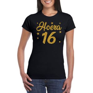 Hoera 16 jaar verjaardag cadeau t-shirt - goud glitter op zwart - dames - cadeau shirt