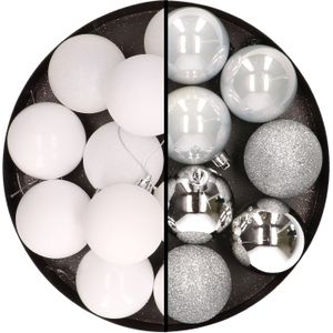 24x stuks kunststof kerstballen mix van wit en zilver 6 cm - Kerstversiering