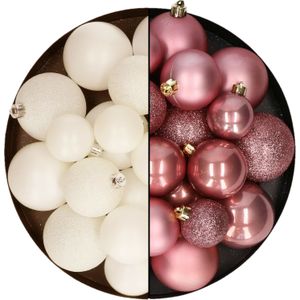 Kerstballen 60x stuks - mix oudroze/wol wit - 4-5-6 cm - kunststof - kerstversiering