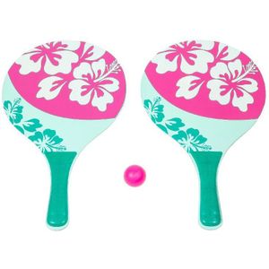 Houten beachball set groen/roze met bloemen print- Strand balletjes - Rackets/batjes en bal - Tennis ballenspel