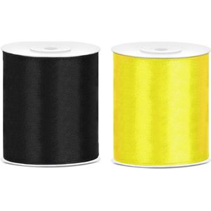 2x rollen satijnlint zwart-geel 10 cm x 25 meter - Hobby cadeaulint