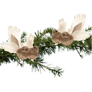 4x stuks decoratie vogels op clip glitter champagne 11 cm - Decoratievogeltjes/kerstboomversiering/bruiloftversiering