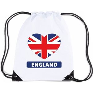 Engeland nylon rijgkoord rugzak/ sporttas wit met Engelandse vlag in hart