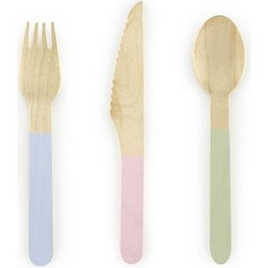 Houten bbq/verjaardag bestek setje pastel kleuren 18-delig - vorken/messen/lepels