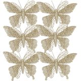 House of Seasons kerstboomversiering vlinders op clip - 6x st - champagne - 16 cm
