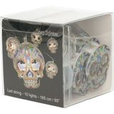 Funny Fashion Halloween Day pof the Dead LED lichtsnoer 10x doodskoppen - 165 cm - op batterijen