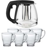 Glazen theepot met filter/infuser van 1,2 liter met 6x stuks theeglazen van 350 ml