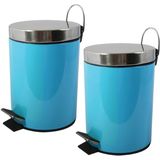 MSV Prullenbak/pedaalemmer - 2x - metaal - turquoise blauw - 5 liter - 20 x 28 cm - Badkamer/toilet