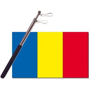Landen vlag Roemenie - 90 x 150 cm - met compacte draagbare telescoop vlaggenstok - zwaaivlaggen