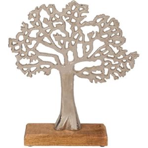 Decoratie levensboom van aluminium op houten voet 33 cm zilver - Tree of life