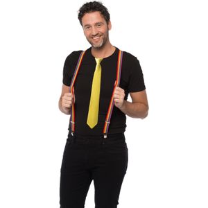 Carnaval verkleedset bretels en stropdas - regenboog - geel - volwassenen/unisex - feestkleding