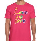 Love is love gay pride t-shirt -  roze shirt met love is love regenboog tekst voor heren - Gay pride