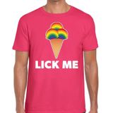 Lick me gay pride t-shirt -  roze shirt met tekst en regenboog ijsbolletjes voor heren - Gay pride