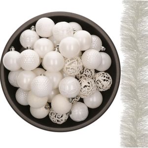 Decoris Kerstballen - 37 ST - 6 cm - en 2 ST kerstslingers - wit - kunststof