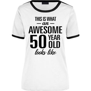 Awesome 50 year - geweldige 50 jaar wit/zwart ringer cadeau t-shirt dames -  Verjaardag cadeau / Sarah