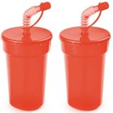 Set van 6x stuks afsluitbare plastic drinkbeker rood 400 ml met rietje voor kinderen/peuters