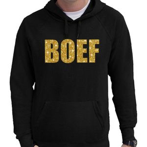 BOEF goud glitter tekst hoodie zwart heren - zwarte glitter sweater/trui met capuchon