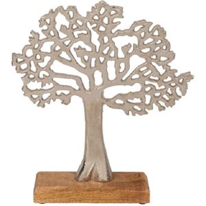 Decoratie levensboom van aluminium op houten voet 27,5 cm zilver - Tree of life