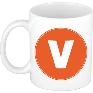 Mok / beker met de letter V oranje bedrukking voor het maken van een naam / woord - koffiebeker / koffiemok - namen beker