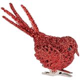 4x Kerstboomversiering glitter rode vogeltjes op clip 12 cm - Kerstboom decoratie vogeltjes