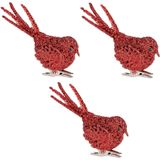 4x Kerstboomversiering glitter rode vogeltjes op clip 12 cm - Kerstboom decoratie vogeltjes