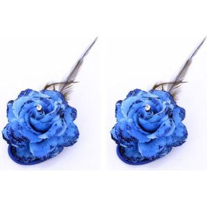 2x stuks blauwe bloem op speld - Verkleed of decoratie bloemen