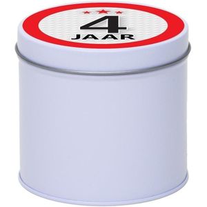 Cadeau/kado wit rond blik 4 jaar 10 cm - Snoepblikken - Cadeauverpakking voor verjaardag/jubileum