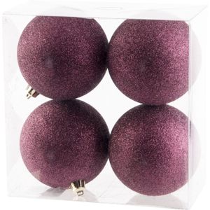 12x Aubergine roze kunststof kerstballen 10 cm - Glitter - Onbreekbare plastic kerstballen - Kerstboomversiering aubergine roze