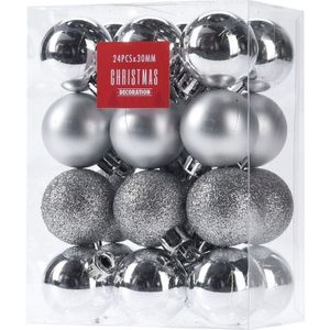24x Zilveren kunststof kerstballen 3 cm - Glans/mat/glitter - Onbreekbare kerstballen plastic - Kerstboomversiering zilver