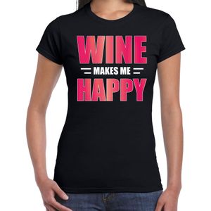 Wine makes me happy / Wijn maakt me vrolijk drank t-shirt zwart voor dames - wijn drink shirt - themafeest / wijnproeverij outfit