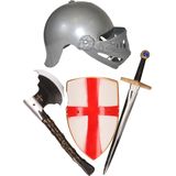 Carnaval Verkleed set - Ridder helm met wapens - voor kinderen - grijs/rood - Middeleeuwen/krijgers