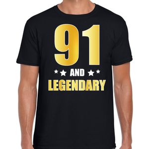 91 and legendary verjaardag cadeau t-shirt / shirt - zwart - gouden en witte letters - voor heren - 91 jaar  / outfit