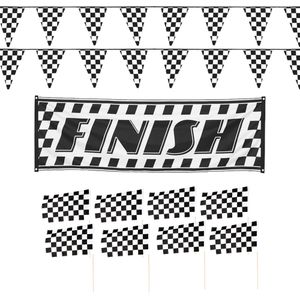 Finish/racing feest thema versiering pakket 11-delig geblokt zwart/wit - Max fans feestartikelen