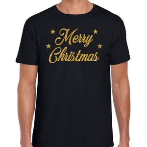 Fout Kerst shirt / t-shirt - Merry Christmas - goud / glitter - zwart - heren - kerstkleding / kerst outfit