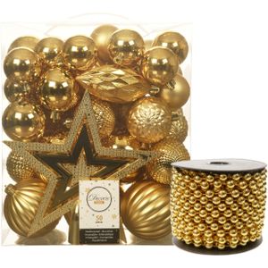 Pakket - 49x stuks kerstballen - incl. piek en kralenslinger - goud - kunststof