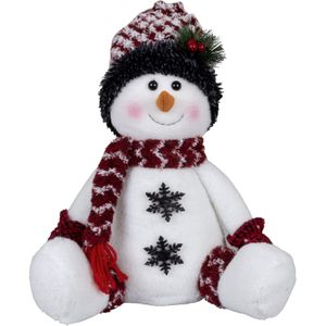 Pluche decoratie sneeuwpop - 36 cm - met witte muts - zittend - kerstdecoratie