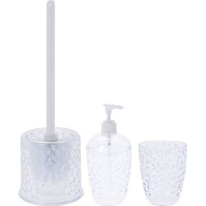Transparante badkamer/toilet set 3-delig met waterdruppels - Toiletborstelhouders/wc-borstelhouders, zeeppompje en beker - Schoonmaakproducten