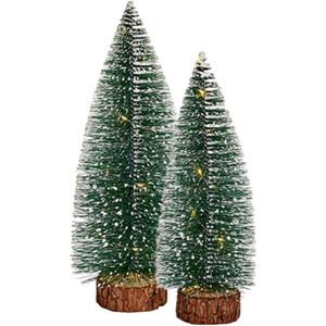 Mini decoratie kerstboompjes - set van 2x st - met licht - 30-35 cm